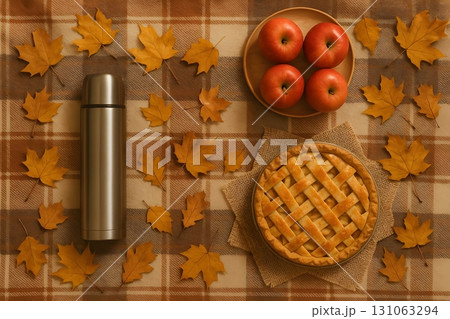 Top view of an autumn picnic: lattice apple pie, red apples on a wooden plate 131063294