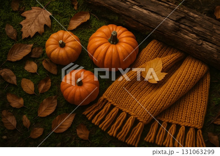 Autumn still life with mini pumpkins, fallen leaves, and a mustard knit scarf. 131063299