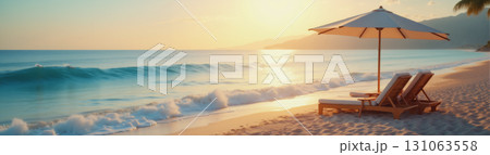 Wide panorama of seascape where in foreground sun lounger and umbrella on the beach, beautiful waves, beautiful sea background, summer vacation and travel concept 131063558