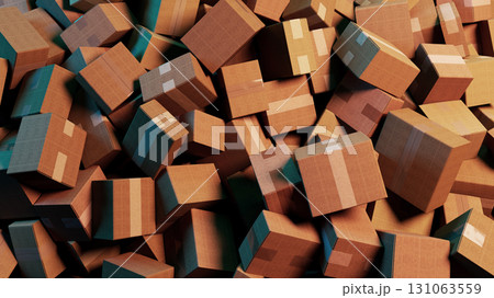 Chaotic Abundance: A Pile of Disordered Brown Cardboard Boxes 131063559