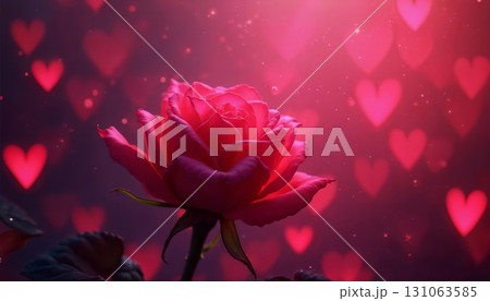 a soft pink rose flower on an abstract bokeh background with hearts and lights, an abstract backdrop for the Valentine's Day celebration 131063585