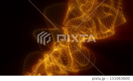 Golden particles arranged in swirling digital waves form a glowing mesh that pulses across a dark blue background 131063600