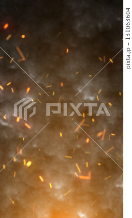 Flying sparks and glowing embers rising against smoky dark background, symbolizing fire and heat Flying sparks and glowing embers rising against smoky dark background, symbolizing fire and heat 131063604