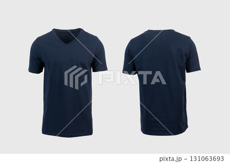 Dark Blue V-Neck T-Shirt Isolated on White Background . Front and Back View Dark Blue V-Neck T-Shirt Isolated on White Background . Front and Back View 131063693