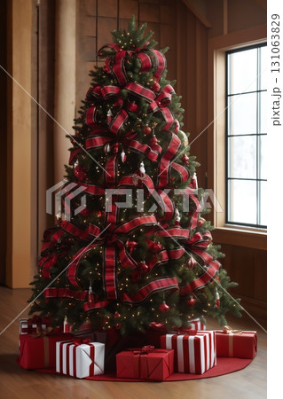 interior of living room decorated for Christmas or New Year's holiday, gifts, fir tree, winter season 131063829