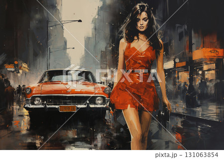 Portrait of a beautiful fashionable woman with a hairstyle, in red dress, on a city street, vintage car, in the evening. Streetlights reflected from wet road. 131063854