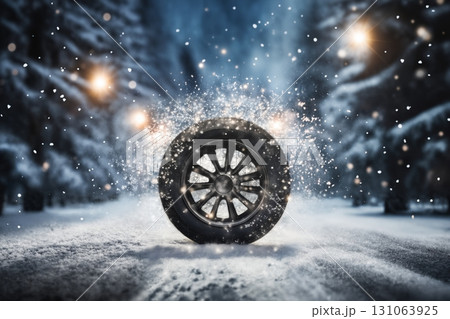 a car wheel on the background of a winter road and a beautiful night landscape, a snow-covered forest with lights, a concept of traffic safety on a slippery road 131063925