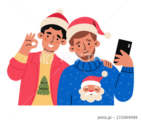 Happy Christmas Couple Men With Phone In Santa Hats In Xmas Sweaters With Claus And Tree Taking Selfie. New Year Characters and holiday Moment. Vector Illustration. Not AI Happy Christmas Couple Men With Phone In Santa Hats In Xmas Sweaters With Claus And Tree Taking Selfie. New Year Characters and holiday Moment. Vector Illustration. Not AI 131064098