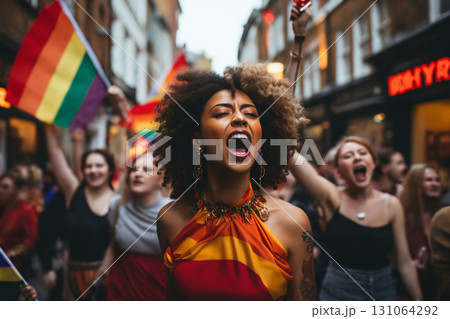 portrait of a girl at a gay pride parade, happy and joyful emotions with friends, LGBT concept 131064292