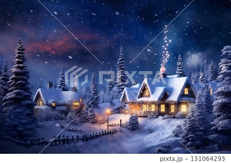 village street in winter season decorated for Christmas or New Year holiday, beautiful view of exteriors of houses , snow, sunset, street lights, festive environment 131064293