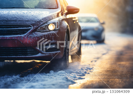 a winter snow covered road, concept of traffic safety on a slippery road 131064309