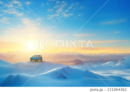 SUV on the background of a beautiful winter landscape, snow-capped mountains, bright sun and clean air, frosty freshness 131064362
