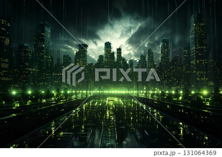 panoramic view of a futuristic metropolis at night, with virtual reality holograms, digital future, cyberspace visualization, street lights, illumination 131064369