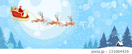 Santa Claus flies in his sleigh with reindeer over a winter forest under a full moon. Flat vector Christmas illustration, modern winter background. Santa Claus flies in his sleigh with reindeer over a winter forest under a full moon. Flat vector Christmas illustration, modern winter background. 131064429