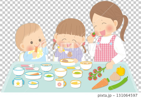 食育_笑顔でトマトを持つ保育士と給食を食べる園児たち 131064597