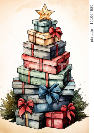 Christmas tree decorated for New Year's with gifts, white background, winter season, vintage style 131064689