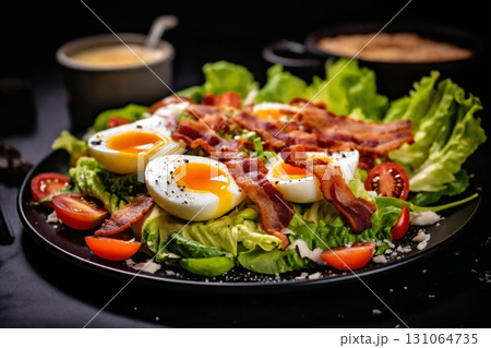 fried eggs with bacon and herbs and chopped vegetables, delicious breakfast, still life on a dark background fried eggs with bacon and herbs and chopped vegetables, delicious breakfast, still life on a dark background 131064735
