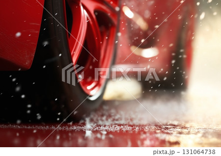 a red car wheel close-up on the background of a winter snow-covered road with ice, the concept of traffic safety on a slippery road 131064738