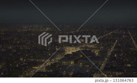 A sweeping aerial view of a city at night. Countless lights illuminate the streets and buildings, creating blurred patterns and streaks of light. The image conveys a sense of scale, movement, and the  131064763
