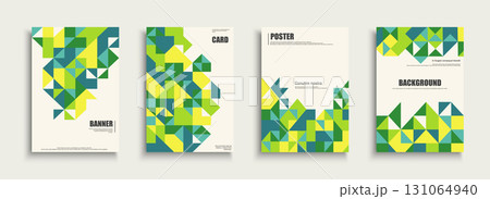 Collection of vector colorful posters with abstract geometric shapes. Bright modern placards, brochures, banners, backgrounds, cards. Business corporate unusual templates. Decorative mosaic print 131064940