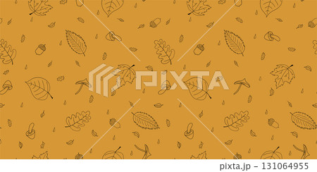 Autumn bright orange seamless pattern with falling leaves and acorns. Hand drawn repeatable season background. Nature endless foliage print 131064955