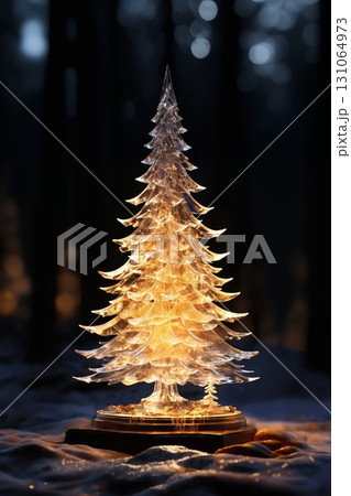 Christmas tree with decoration for New Year's holidays, evening forest and snow, winter season 131064973