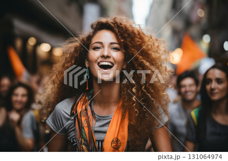 portrait of a girl at a gay pride parade, happy and joyful emotions with friends, LGBT concept 131064974