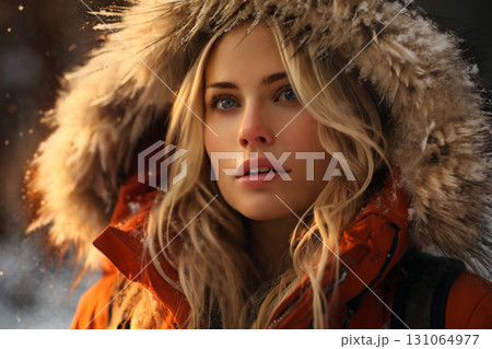 portrait of a beautiful woman in winter, bright sunny day and snow 131064977