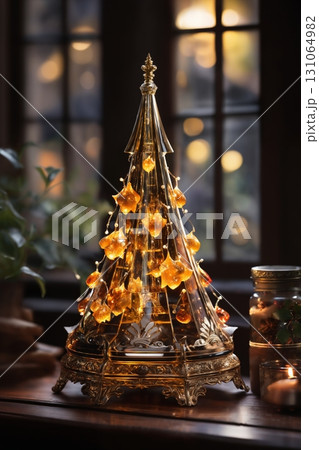 tiny Christmas tree made of glass as decoration for New Year holidays, forest, winter season 131064982