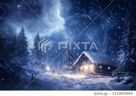 village street in winter season decorated for Christmas or New Year holiday, beautiful view of exteriors of houses , snow, sunset, street lights, festive environment 131064984