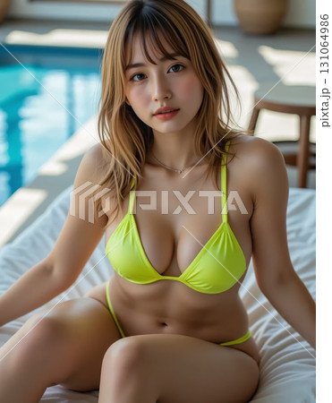 蛍光イエロービキニの女の子がプールサイドのディベッドに座っている 131064986