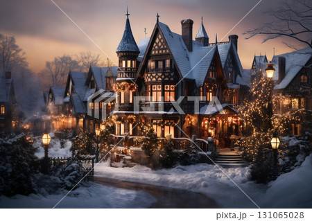 beautiful view of village street in winter, exteriors of houses decorated for Christmas or New Year holiday, snow, street lights, festive environment 131065028