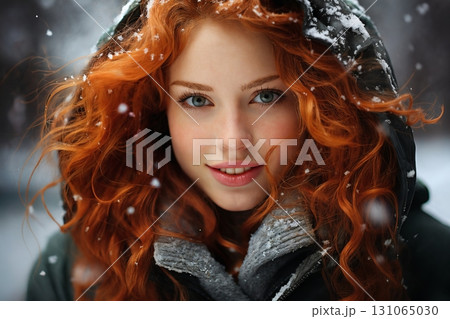 portrait of a beautiful happy woman enjoying winter season 131065030