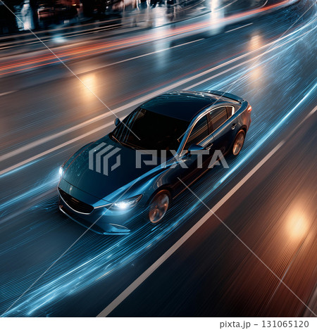 Sleek car speeds down road at night, radiating confidence and thrill 131065120