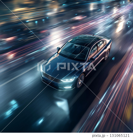 Car speeds through city street at night, feeling fast and powerful with bright lights around it 131065121
