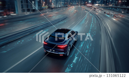 Car rushes through city at night. feeling of anticipation and excitement as it speeds down road at night 131065122