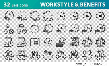 一組 32 個與工作風格和員工福利相關的圖示。 131065280