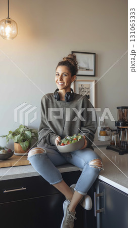 Young woman in her twenties wearing headphones and enjoying healthy salad in modern kitchen with plants and framed pictures on wall Young woman in her twenties wearing headphones and enjoying healthy salad in modern kitchen with plants and framed pictures on wall 131065333