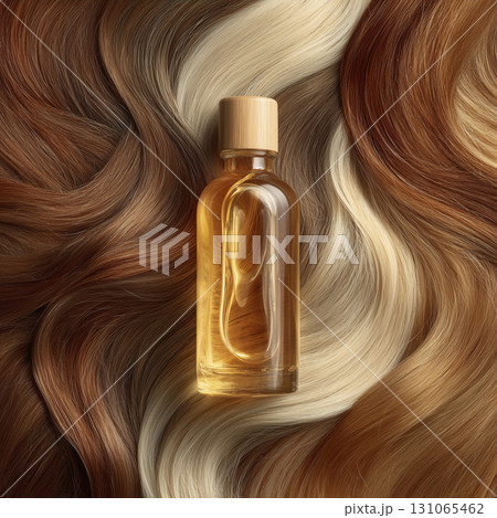 Bottle of hair oil stands against background of multicolored hair strands, showcasing shiny, smooth, and healthy hair with warm tones and textures 131065462