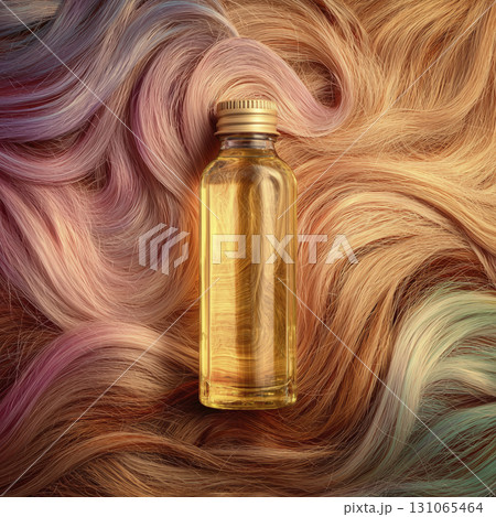 Glass bottle of hair oil placed colorful, wavy hair strands with shades of pink, blonde, and purple, creating vibrant and luxurious hair care 131065464