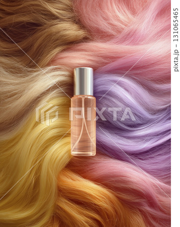 Colorful hair extensions with cosmetic hair serum bottle placed on top, showcasing vibrant pastel shades and silky textures for hair care 131065465