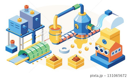 Molten plastic flows into the machines, highlighting the manufacturing process of plastic products. 131065672