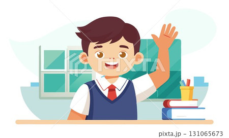 A young elementary school pupil, dressed in a neat uniform, eagerly raises their hand. 131065673