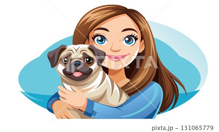 A close up shot centers on a cute pug puppy nestled comfortably in a woman's hands. 131065779