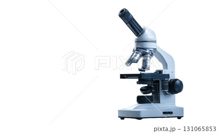 Modern compound microscope with multiple objective lenses and light source, used for scientific research and laboratory analysis, isolated 131065853