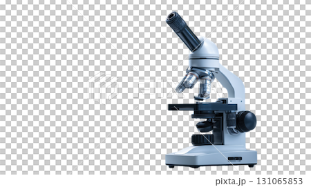 Modern compound microscope with multiple objective lenses and light source, used for scientific research and laboratory analysis, isolated 131065853