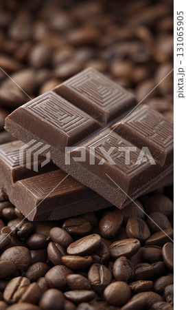 Close up of chocolate pieces coffee beans rich and smooth texture dark brown color aromatic sweet indulgent gourmet dessert snack food 131065905