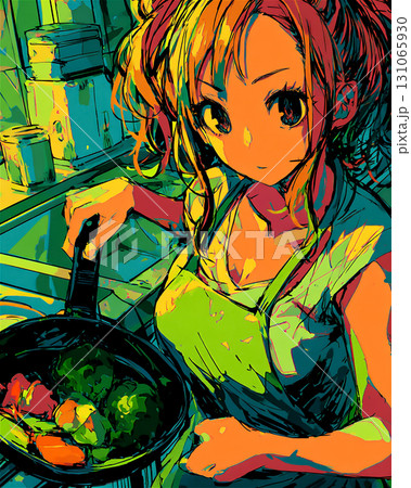 料理を楽しむ女性のカラフルなイラスト 131065930