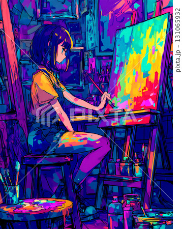 カラフルなアートスタジオで絵を描く少女 131065932