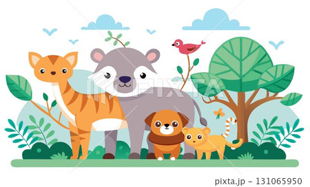 The simple, clean background emphasizes the animals' features and playful interactions. 131065950